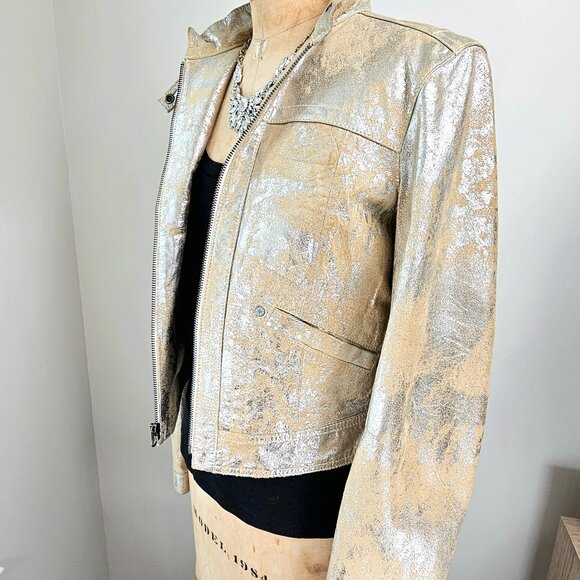 GAP Silver & Gold Metallic Leather Cropped Moto Jacket - Medium - NWOT - Picture 5 of 16